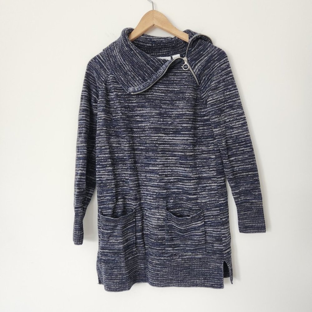 Y2K Marled Knitโ Zip Collar Sweater Small Asymmetric Tunic Blue Black Vtg Boho